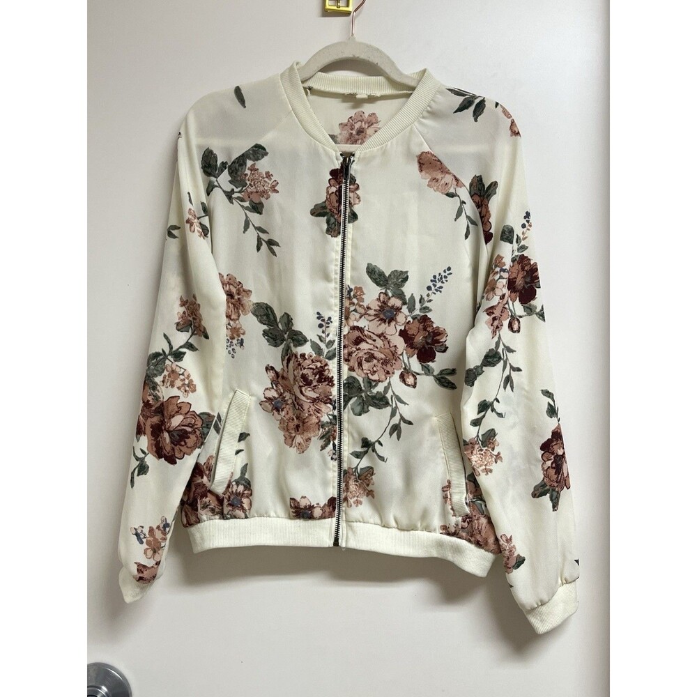 About A Girl White Floral Lightweight Bomber Jacket Zip Up L Cottagecore